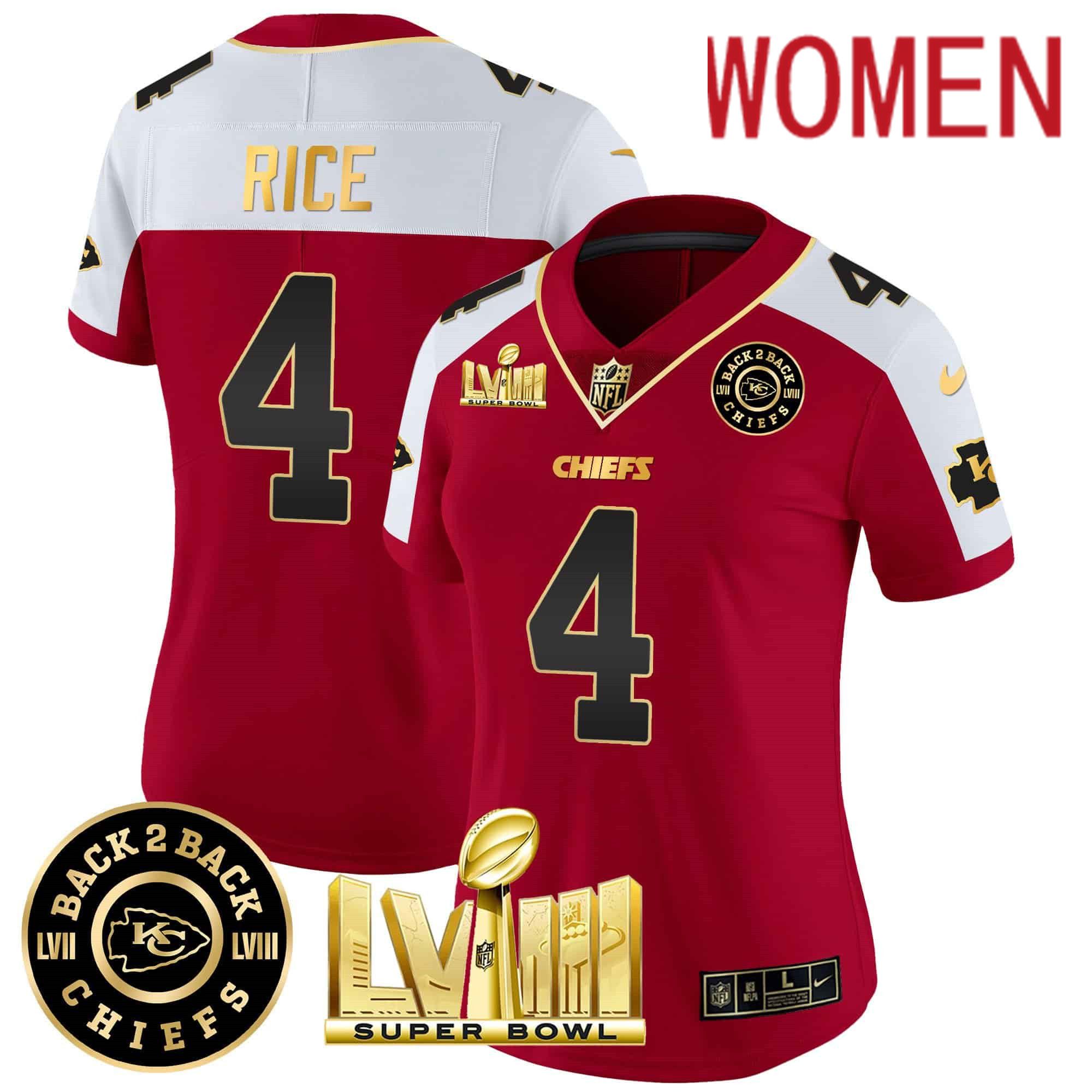 Women Kansas City Chiefs 4 Rice Red 2024 Nike Super Bowl LVIII & Back 2 Back Patch Vapor NFL Jersey